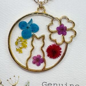 Cat Bouquet dried flower resin gold plated necklace spring boho bohemian NEW